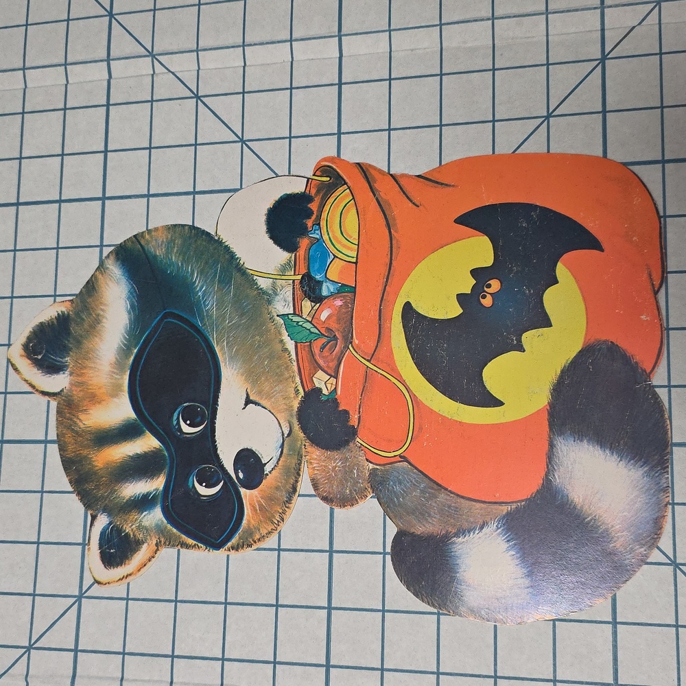 Vintage Halloween Die‎ Cut Decoration Raccoon Mask & Candy Bag 13" Double Sided - Picture 9 of 9